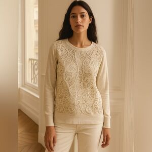 J. Crew Ivory Lace Front Pullover Sweater Long Sleeve Top Cotton Silk Blend sz M